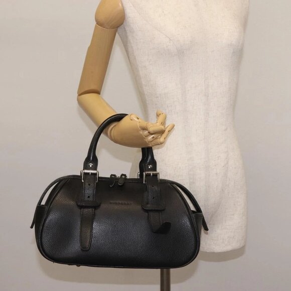 BURBERRY Hand Bag Leather Black Silver Auth